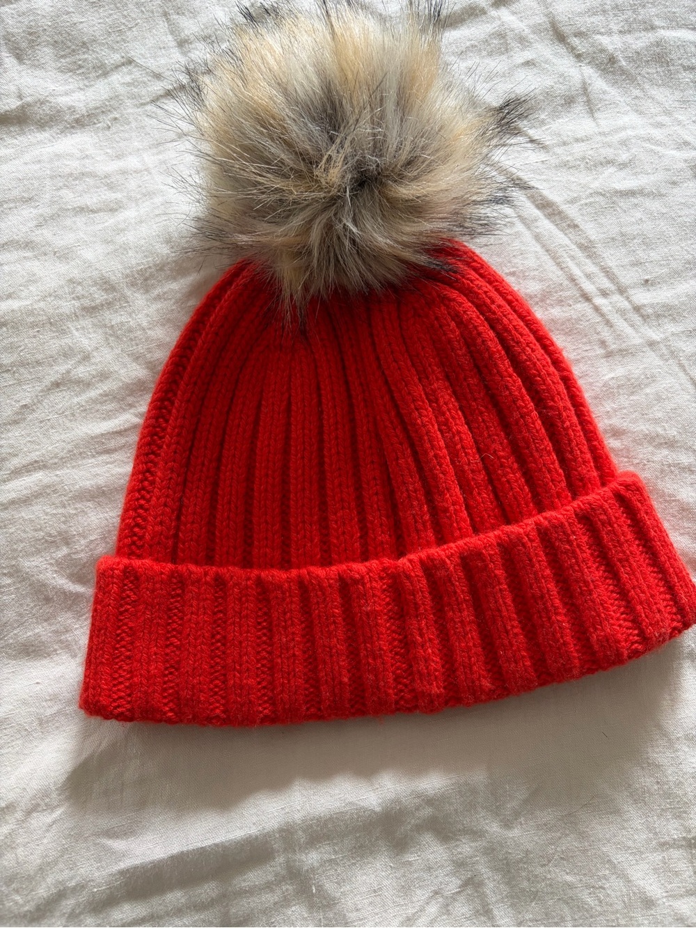 J. Crew Bright Orange Knit Beanie with Faux-Fur Pom